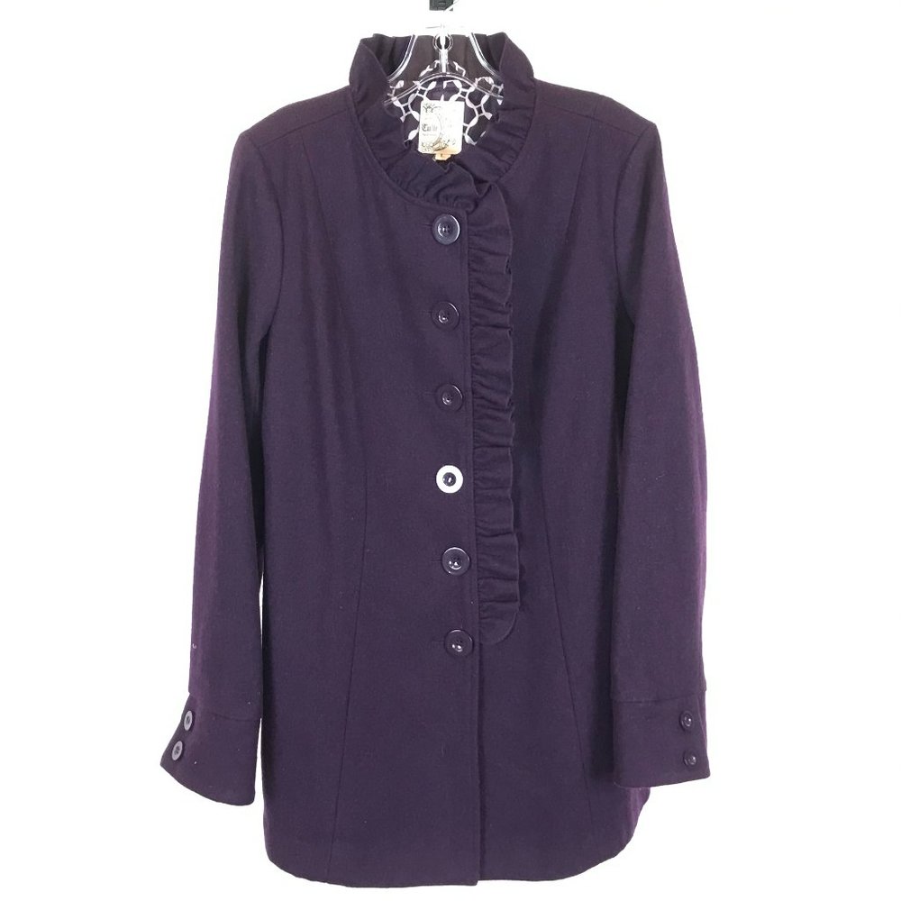 NWT Womens Size Large Anthropolgoe Tulle Wool Blend Ruffle Detail Pea Coat